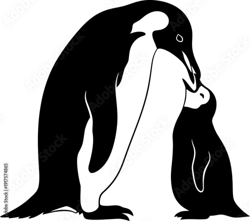 Emperor penguin silhouette adult and chick nurturing scene