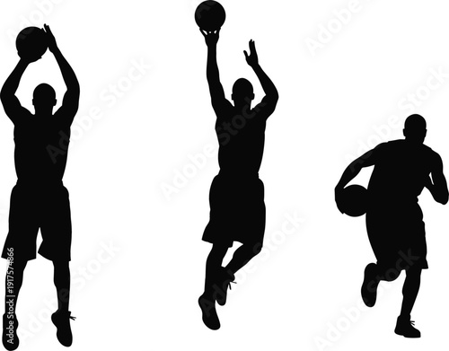 Basketball Player Silhouette Set Showing Shooting Jump Shot And Dribbling Action Sport Vector Illustration Collection