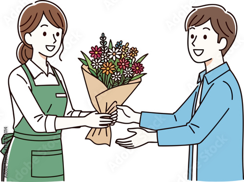 Female florist handing a colorful flower bouquet to a happy customer