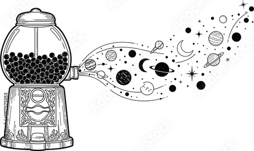 Vintage Gumball Machine Vector Illustration Featuring Planets Stars and Moon Dispensing From Globe for Surreal Space Galaxy and Astronomy Concept