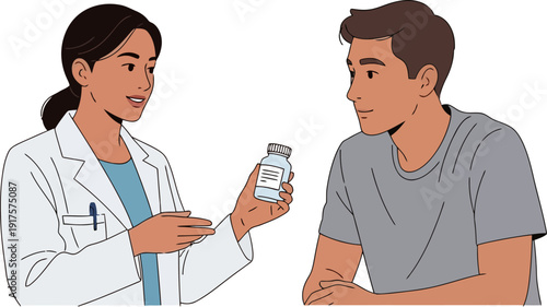 Female pharmacist explaining medication to male patient in pharmacy
