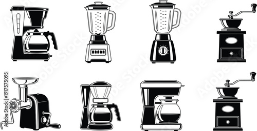 Black and white coffee maker and kitchen appliance silhouettes including blender, grinder and drip brewer, vector illustration set isolated on white background