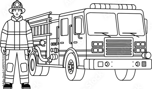 First responder standing beside large fire engine at emergency station