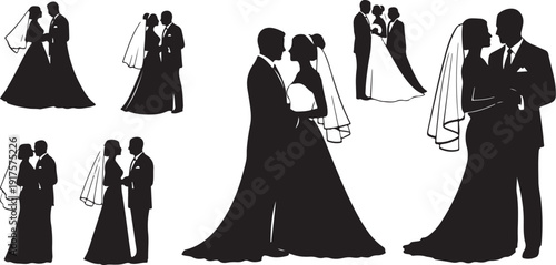Silhouettes of romantic wedding couples in various poses together