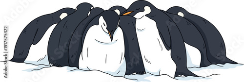 Group of emperor penguins huddling together in the snowy antarctic