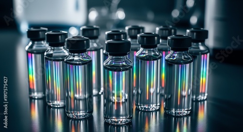 A collection of small glass vials filled with clear liquid, reflecting iridescent rainbow colors under laboratory lighting.