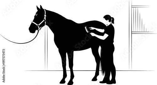 Horse grooming in stable silhouette with person