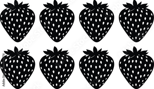 Black silhouette collection of fresh strawberries with seeds and leaves isolated on white background for organic fruit food market and healthy nutrition design.