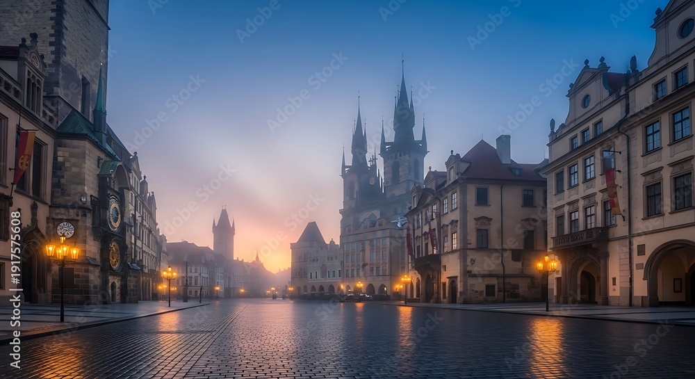 Fototapeta premium Prague Old Town Square at dawn with historic architecture and cobblestone