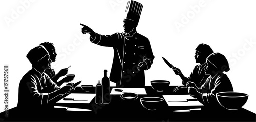 Kitchen chef silhouette giving instructions to professional cooking staff