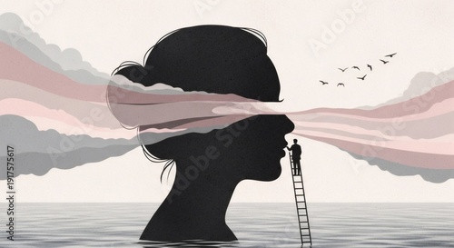 Painting the Mind Womans Silhouette with Thoughts Emerge at the Seaside.