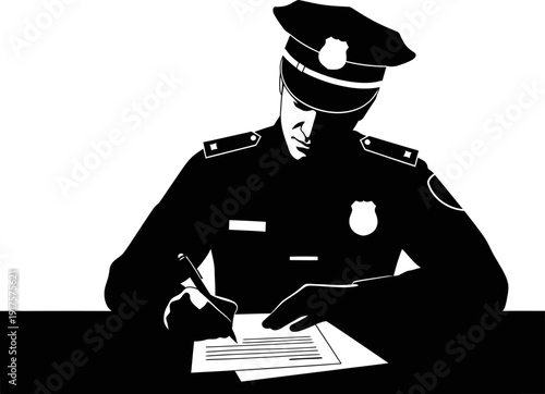 Law enforcement officer writing official report silhouette at desk