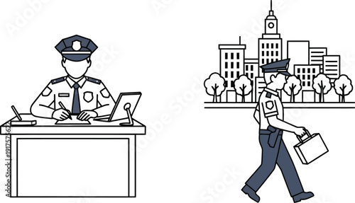 Law enforcement officer working at desk and patrolman walking in urban city environment