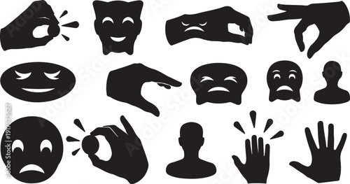 Black Silhouette Icons of Emotions and Hand Gestures Set