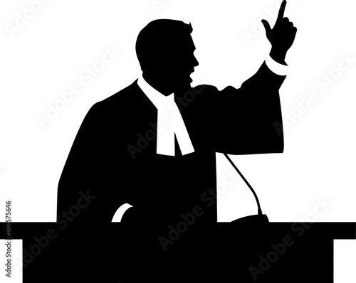 Legal advocate silhouette speaking at a podium with hand raised
