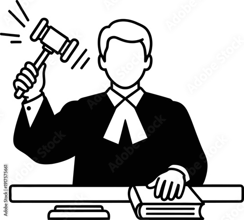 Legal judge holding gavel and law book icon illustration