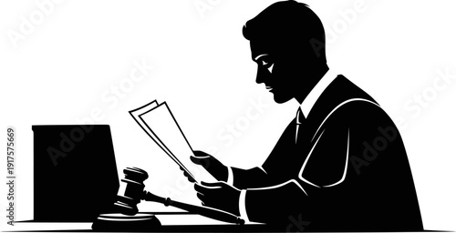 Legal judge silhouette sitting at a bench reading court documents