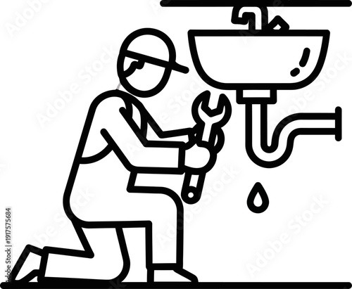 Line art icon of a plumber repairing a leaking sink with a wrench