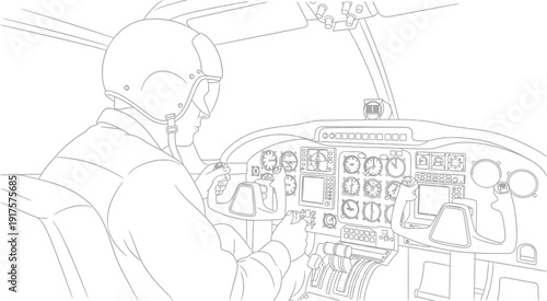 Line art illustration of a pilot in a cockpit