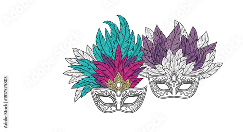 Ornate carnival masks with feather designs in intricate line art style