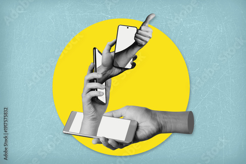 Contemporary art collage on the theme of social networks. Advertising and development of a personal page on social networks.