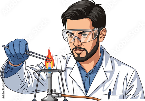 Male chemist heating substance over bunsen burner in laboratory