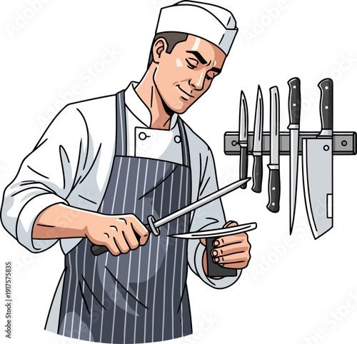 Male chef in striped apron sharpening kitchen knife with honing steel