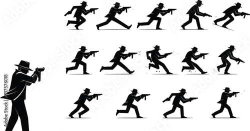 Black silhouette set of mafia mobster gangsters wearing fedora hats and trench coats, running and shooting submachine guns in action poses isolated on white.