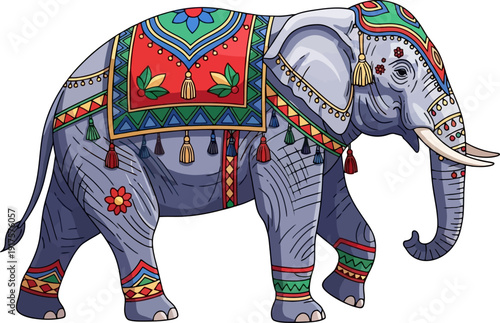 Ornate indian elephant with traditional ceremonial decorations