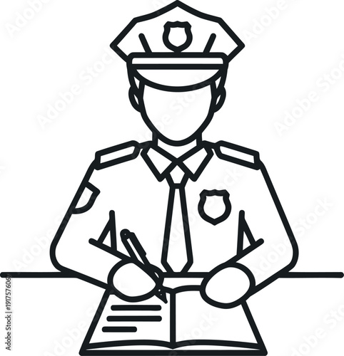 Outline illustration of a police officer writing notes in an official book