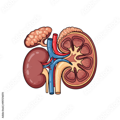 Illustration of a human kidney with its internal structures and adrenal gland on a white background.