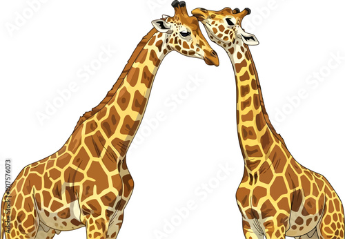 Pair of giraffes nuzzling heads in wildlife nature scene