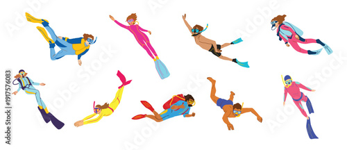 dynamic illustration set of diving characters in various