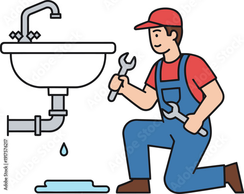 Plumber repairing a leaking sink with a wrench