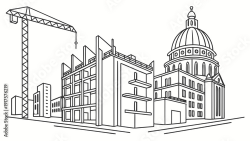 Modern cityscape with construction crane and classical architecture