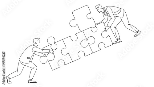 Two businessmen working together to complete jigsaw puzzle