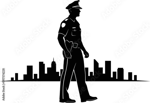 Police officer patrol silhouette walking against city skyline background