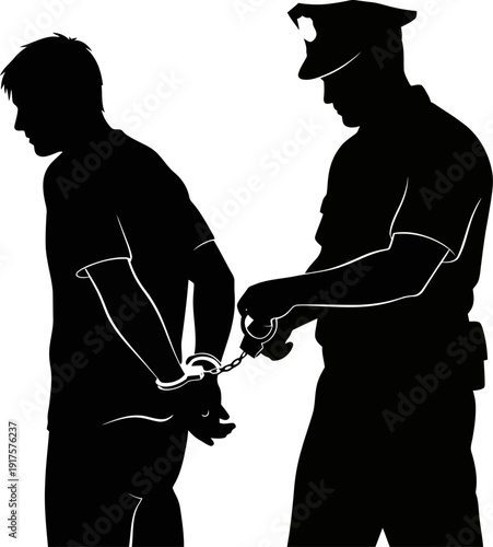Police officer silhouette placing handcuffs on a suspect during arrest