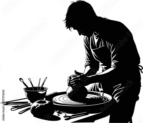 Potter shaping clay on wheel silhouette