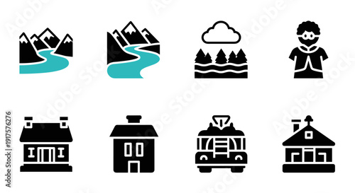 Minimalist nature and transportation icons for outdoor adventure themes