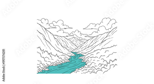Linear mountain valley with river and clouds in black and white
