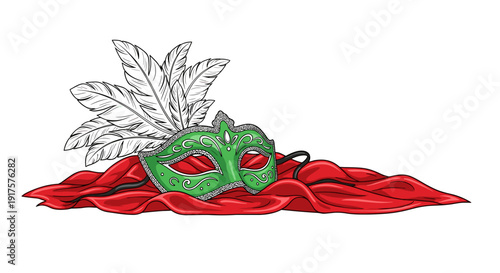 Intricate mask with feathers resting on elegant red fabric
