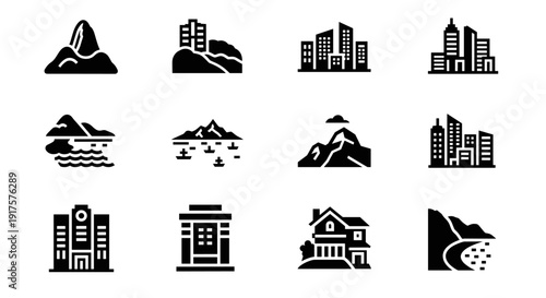 Silhouette urban and natural landscapes with buildings and mountains