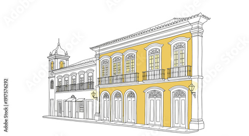 Charming colonial architecture outline with vibrant accents highlighting historic building design