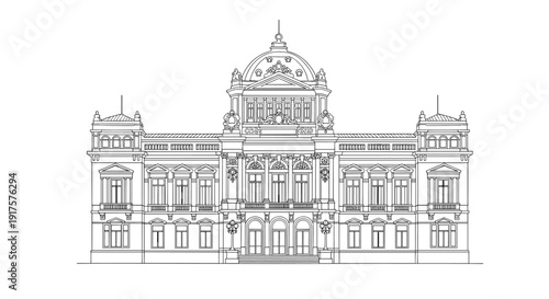 Detailed linear drawing of classical european palace architecture