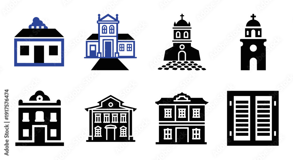 Fototapeta premium Minimalist flat icons of traditional architecture and buildings