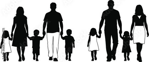 Family Silhouette Set Showing Parents Walking With Children Hand In Hand Vector Illustration Collection