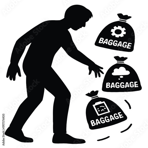Figure dropping excess baggage with abstract icons, illustrating letting go and simplification on a white background.