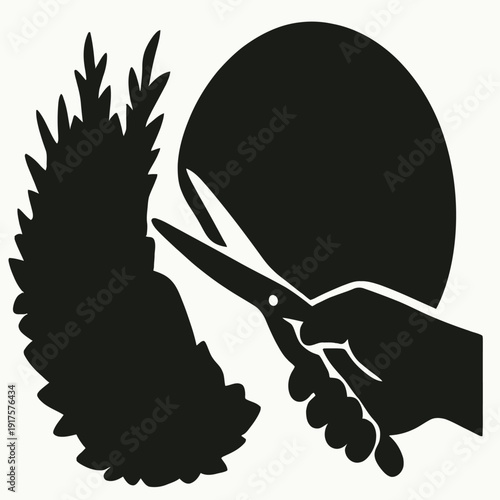 Minimalist hand meticulously trimming wild bush into a perfect circle, representing refinement and optimization in clean vector art.