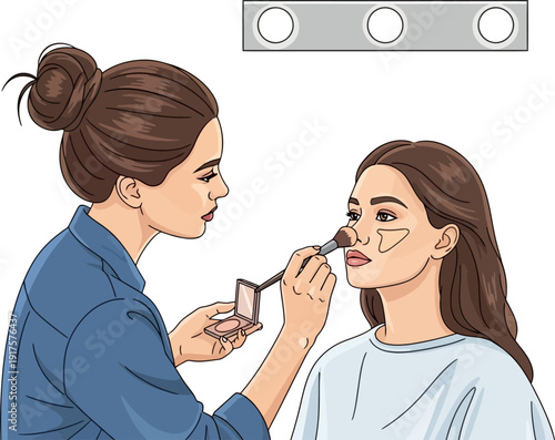 Professional makeup artist applying foundation with brush to model